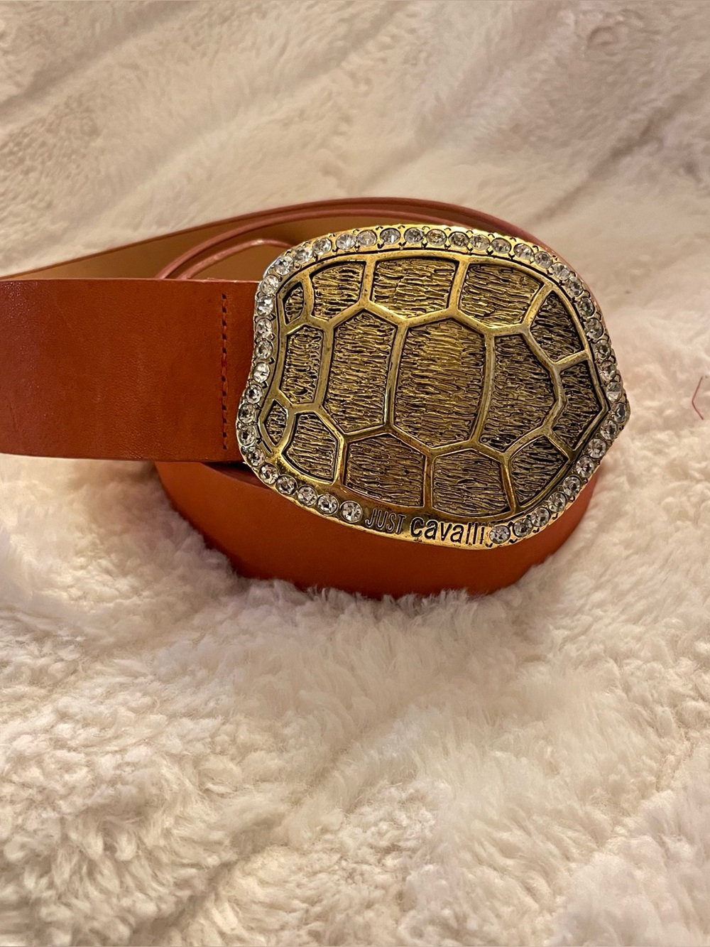 Just Cavalli Orange Leather Belt with Gold Crystal-Trimmed Shell Buckle